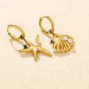 18k gold plated Seashell & Starfish Huggie Earrings with rhinestone decor