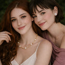 Two models sitting causal together to showcase the gold-plated necklace with pearl from verosteel jewelry 