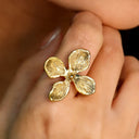 Four-petal flower open ring, 18k gold plated petal ring on a finger, perfect for daily wear or parties.